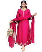 ANNI DESIGNER Womens Rayon Viscose Anarkali Embroidered Kurta with Pant & Dupatta (Ranibai Pink_L_Pink_Large)