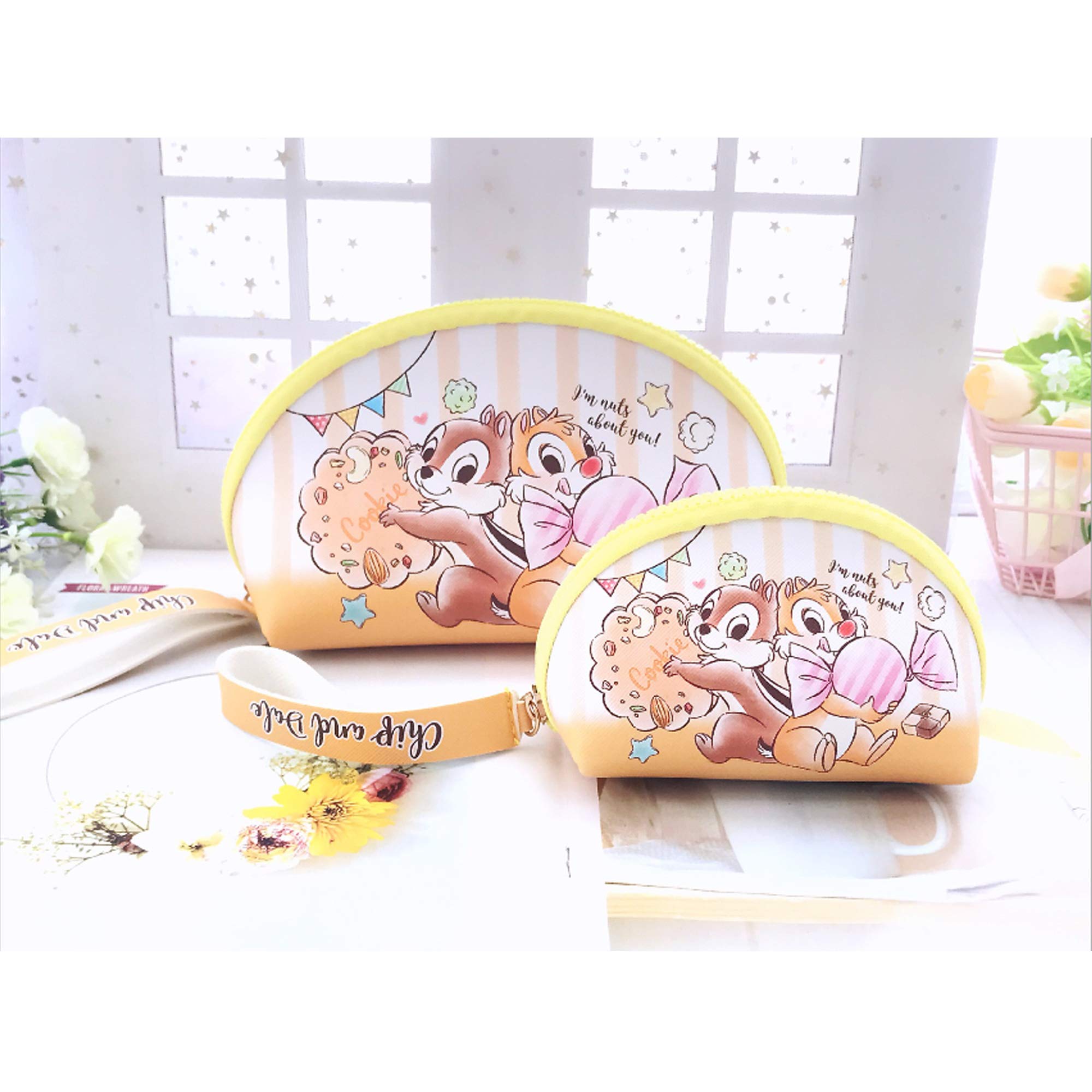 FINEX 2 pcs Set Chip n Dale PU Leather ONE Cosmetic Bag Make up Organizer + ONE Coin Purse with Straps