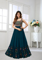 ELLITI Womens Georgette Rama Green Colour Stitched Traditional Stunning Outfit with Boutique Long Anarkali Western Dress Design