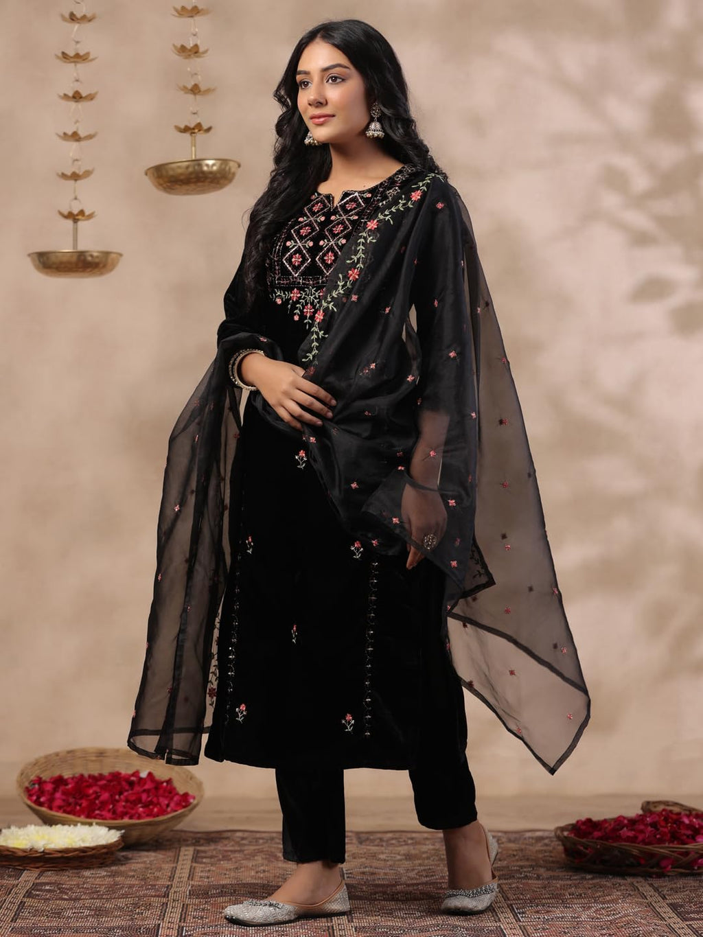 Ishin WomenS Velvet Woven Design Black Kurta Set