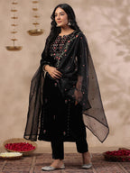 Ishin WomenS Velvet Woven Design Black Kurta Set