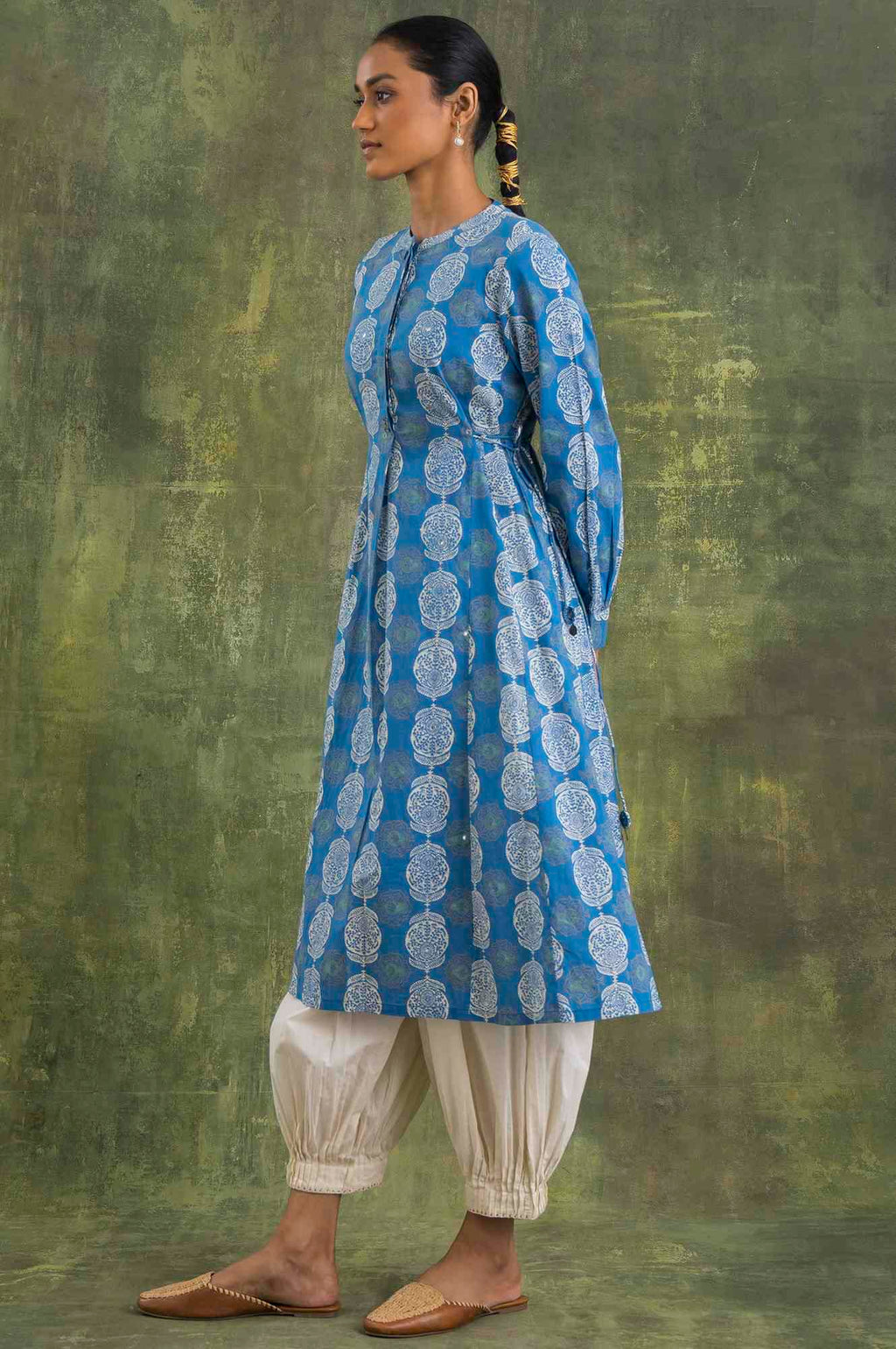 W For Woman Blue Block Printed Flared Kurta