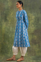 W For Woman Blue Block Printed Flared Kurta