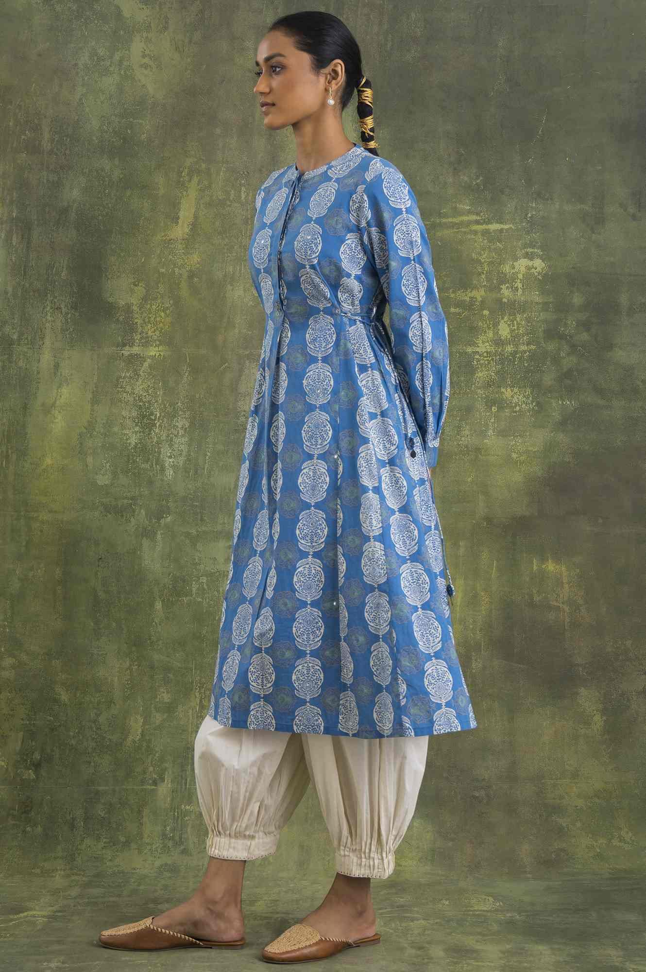 W For Woman Blue Block Printed Flared Kurta