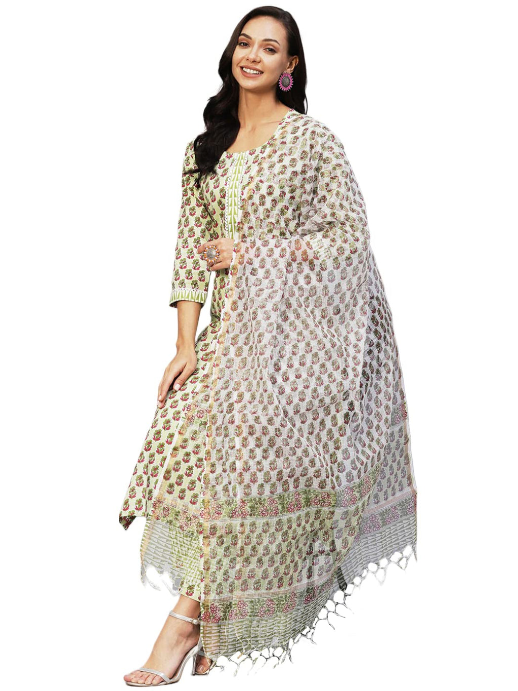 ANNI DESIGNER Women's Cotton Blend Straight Printed Kurta with Pant & Dupatta (World Green_L_Green_Large)