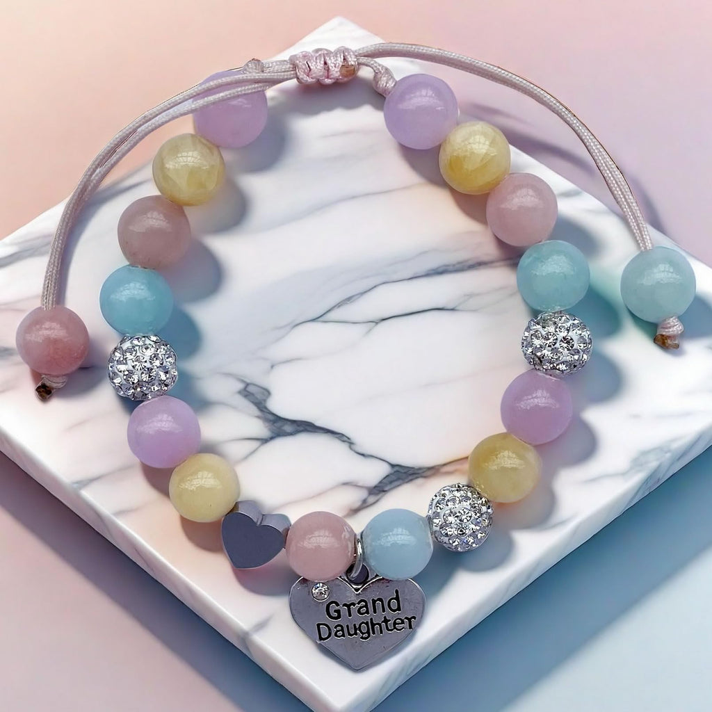DOLON Handmade Rhinestone Crystal Multi Color Stones Beaded with Heart Granddaughter Charm Bracelet Gift Adjustable for Birthday