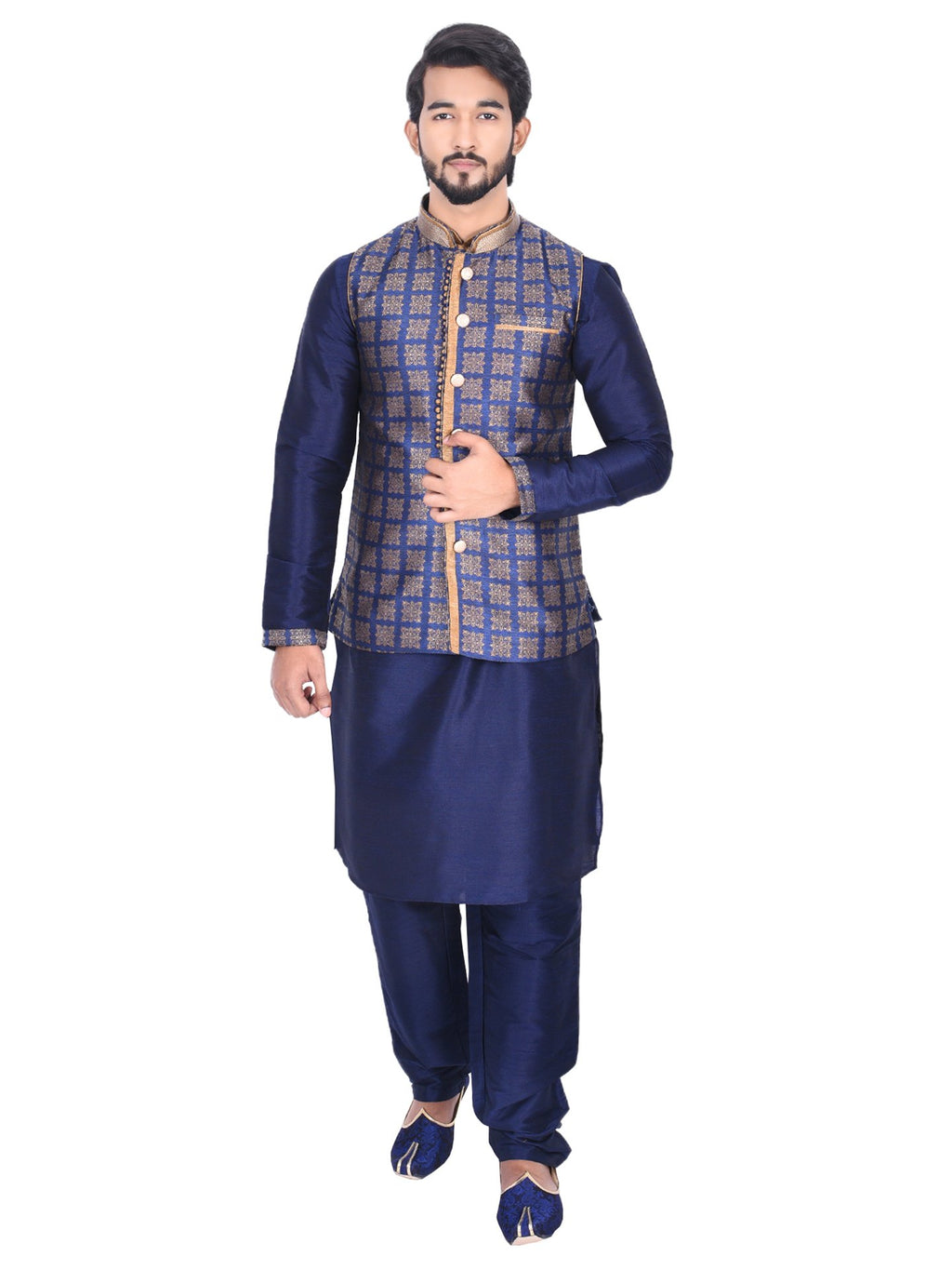 Manyavar MenS Silk Kurta Pyjama With Waist Coat (Jast801_Blue_Xl)