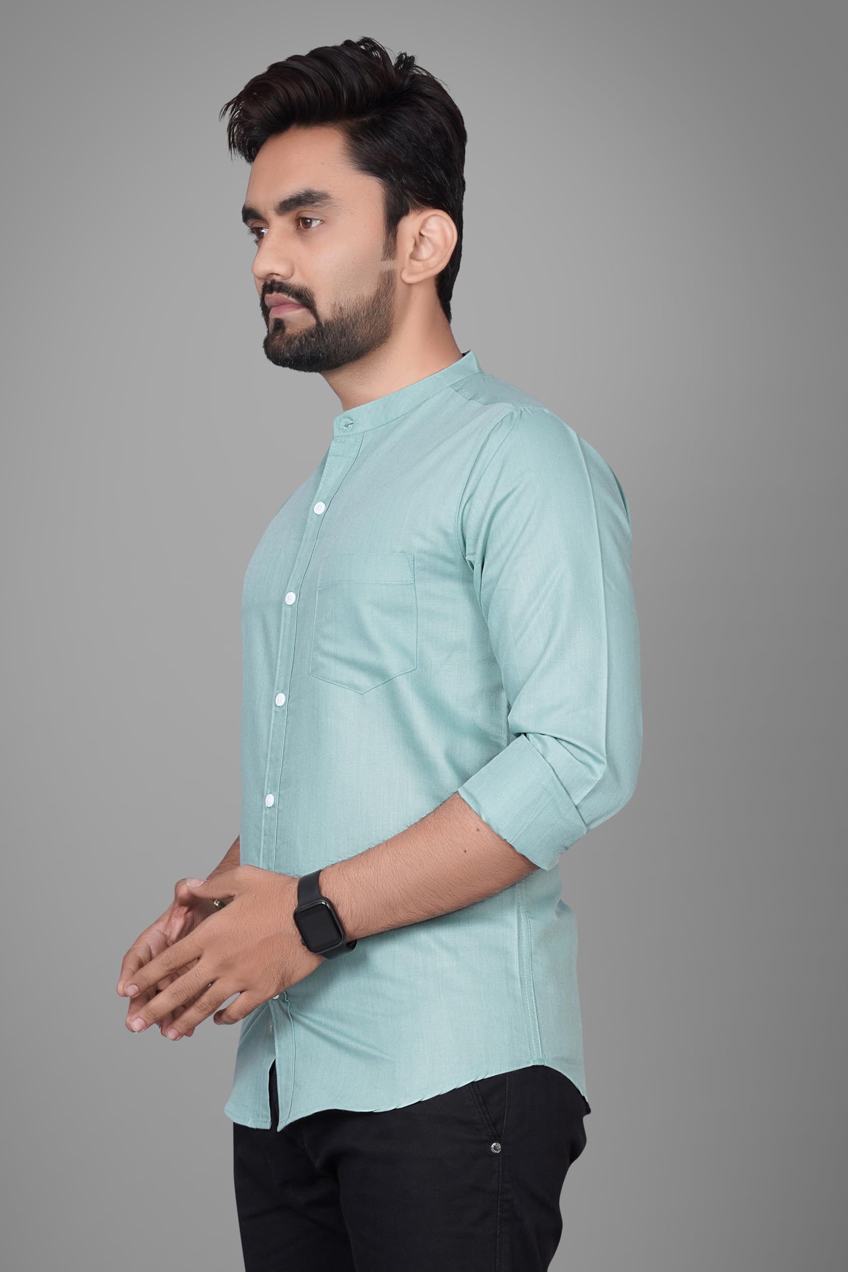 Besix MenS Regular Fit Solid Cotton Shirt | Chinese Collar | Casual | Plain | Branded | Mandarin Collar | Full Sleeve | Summer