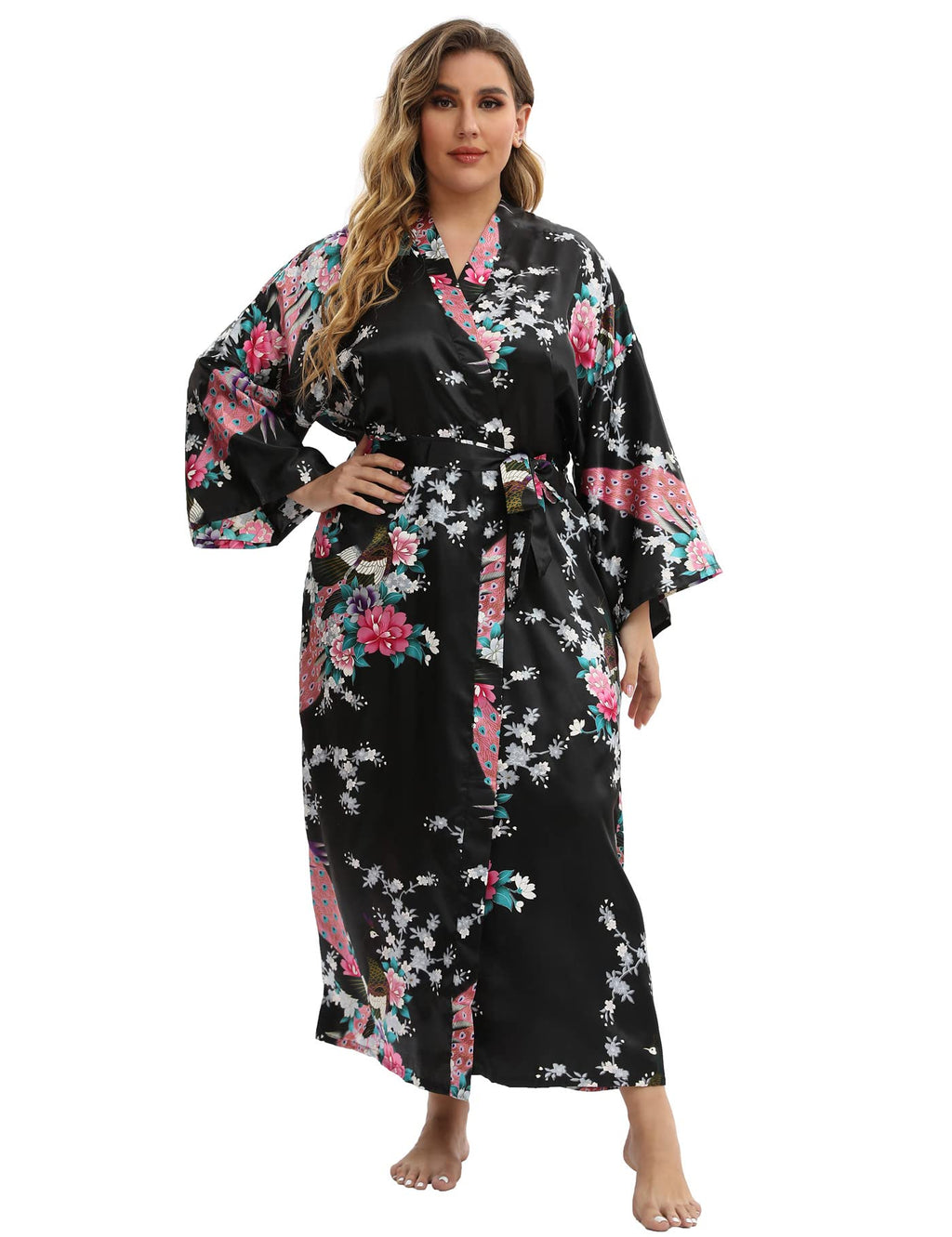 feslieacc Women's Long Robes Plus Size Long Satin Robes Black Floral Long Silk Robes Dressing Gown, Black, 2XL/3XL