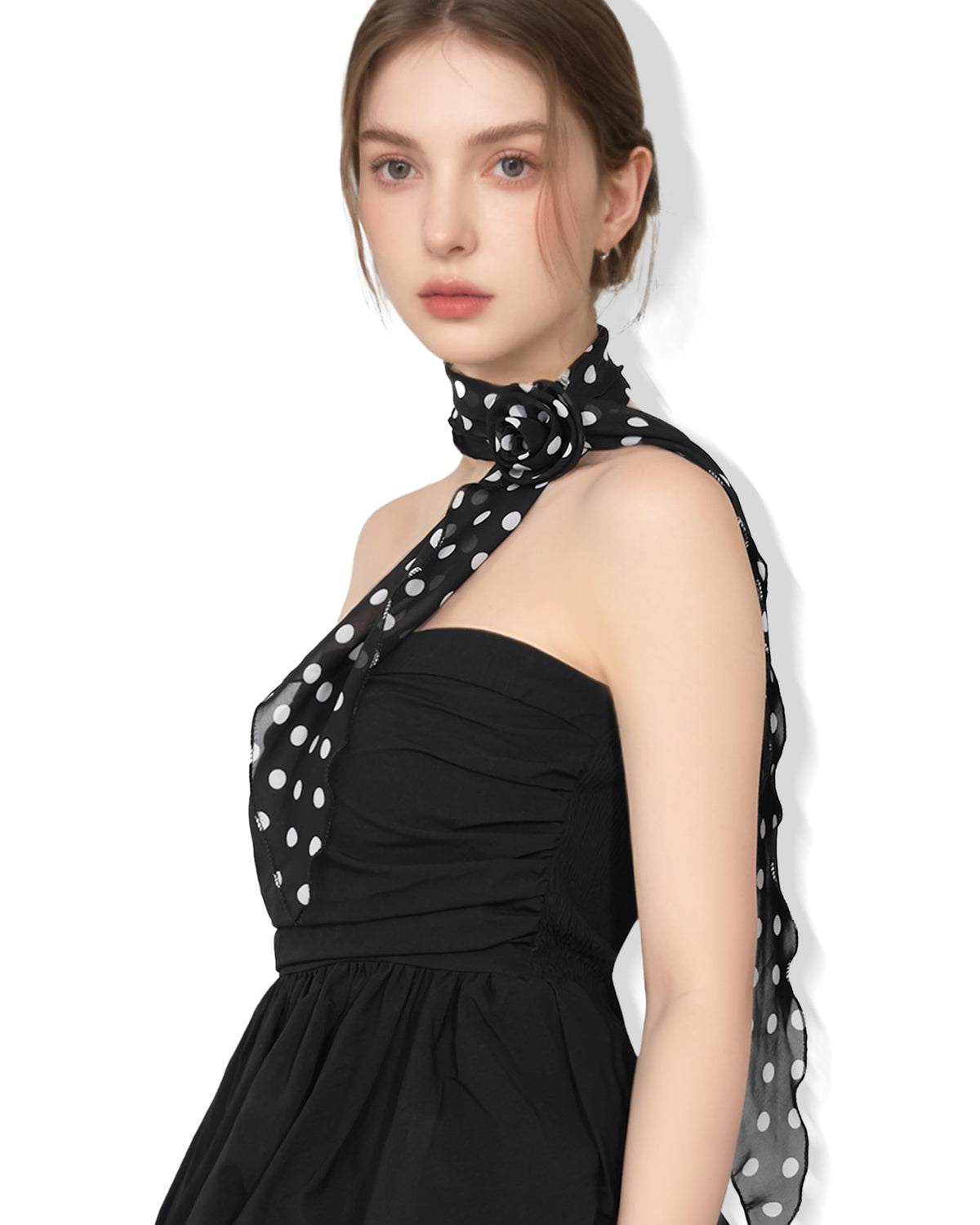 Jensvoir Chiffon Scarf For Women Removable Flower Neck Scarf Headband, Polka Dot Black And White, 47.24 Inches 47.24