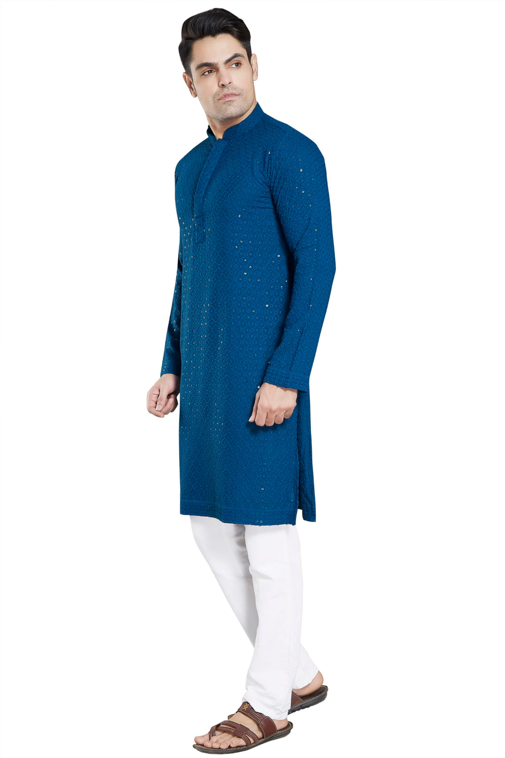 DIVISIVE Mens Sequince Embroidered Cotton Blend Only Slim Fit Kurta (DKRT17_XL_Teal)
