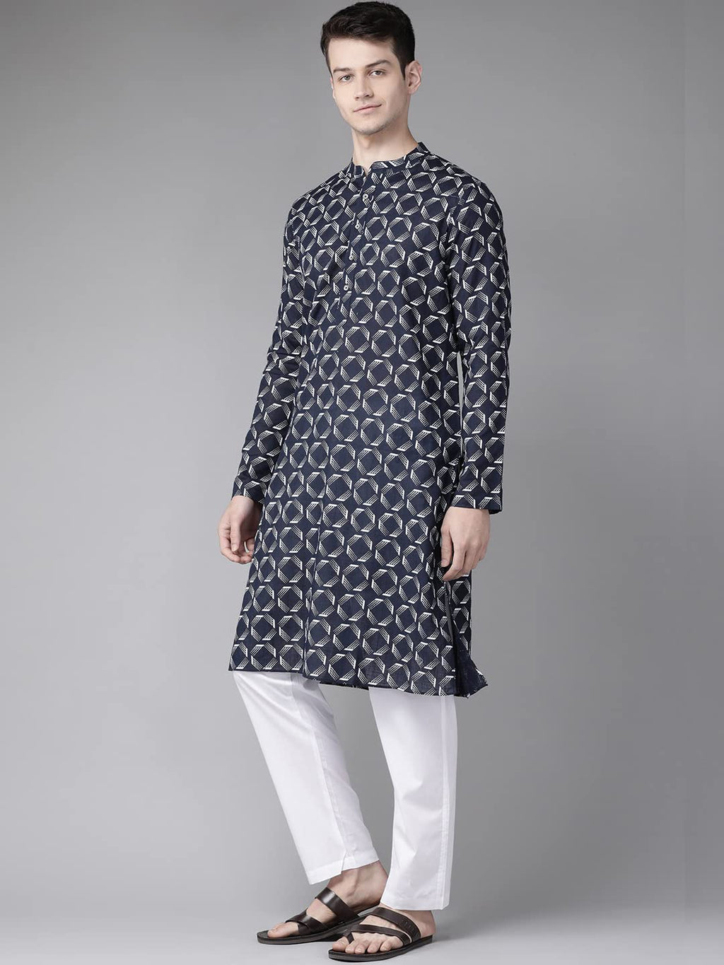 See Designs Navy Blue And White Printed Straight Kurta Button Closures