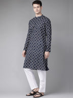 See Designs Navy Blue And White Printed Straight Kurta Button Closures