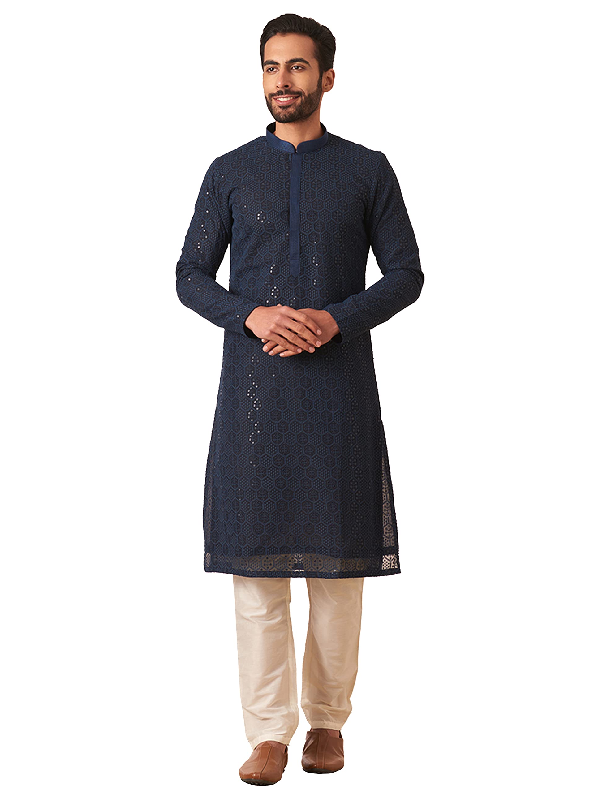 Manyavar Kurta Set For Men, Full Sleeves Mandarin Collar Ethnic Kurta & Pant Set Art Silk Embroidery Set (Blue, XL)