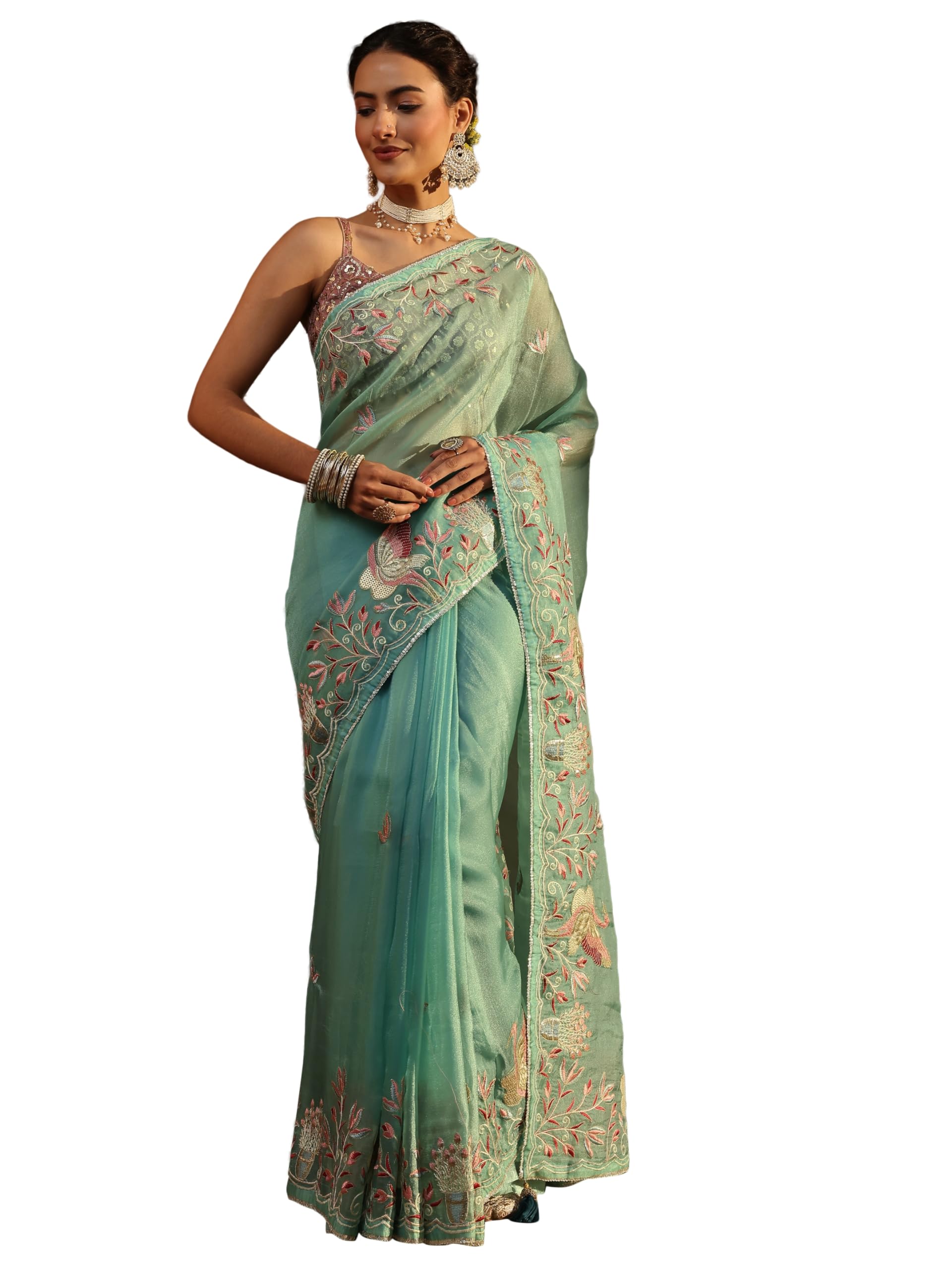 Libas Embroidered Tissue Saree With Unstitched Blouse Piece