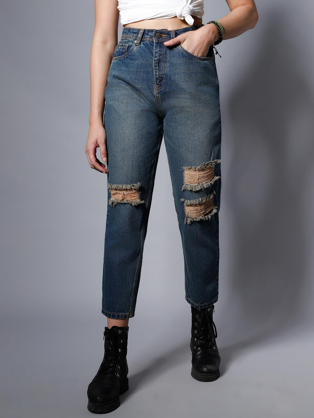 High Star Women Non Stretch Mom Fit High Distress Jeans (Blue, 34)