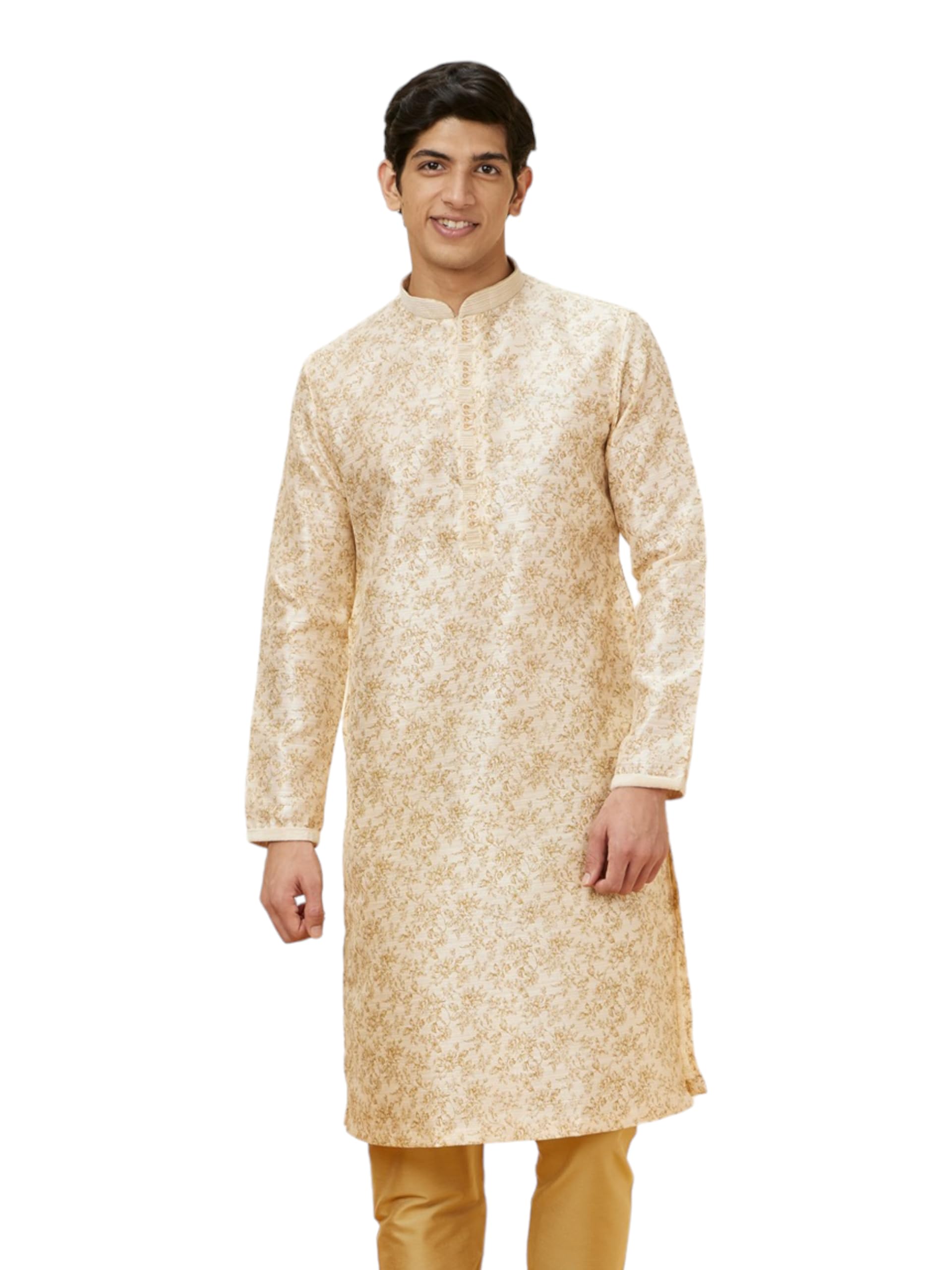 Manyavar Mens Cream Art Silk Printed Kurta Pyjama Set