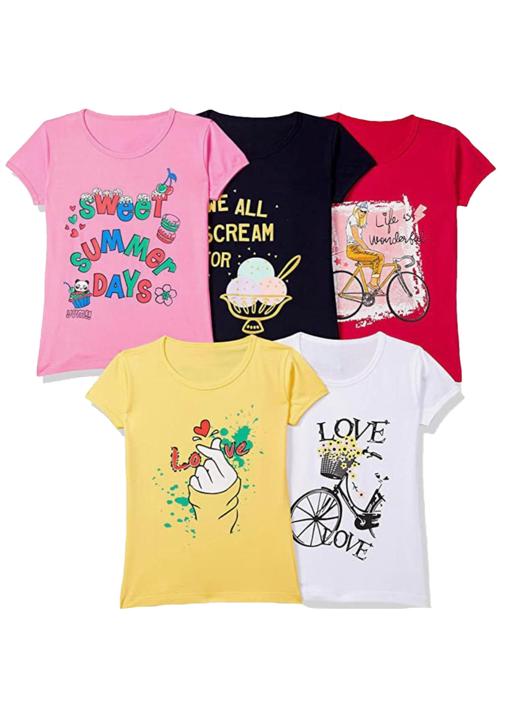 T2F Girls Solid Regular Fit T-Shirt Pack of 5(GLS-TSRT-01_Multicolor 3_9 Years-10 Years)