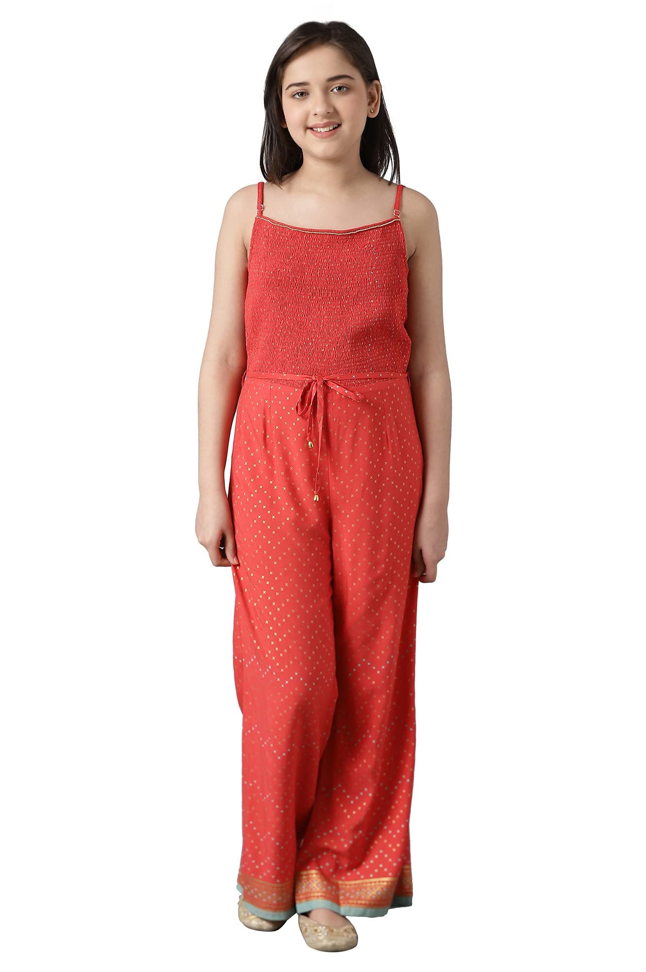 Aurelia Viscose Girls Red Foil Printed Jumpsuit in Boat Neck Ankle Length (22FEG10243B