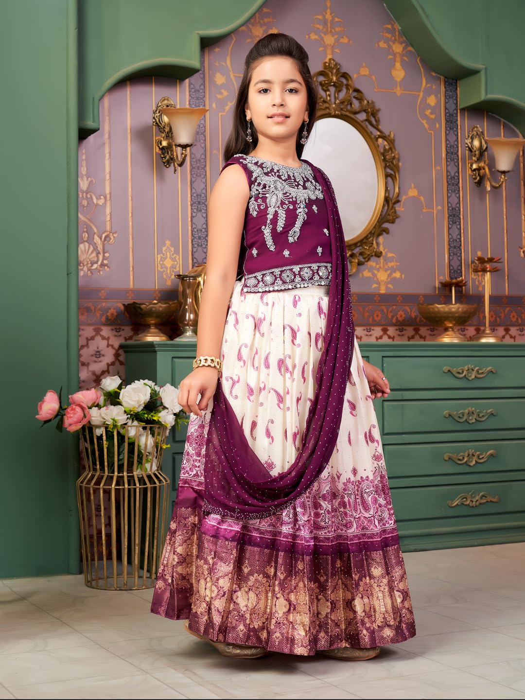 Aarika Girls Ethnic Wear Purple-Cream Colour Mirror Embroidery Georgette Lehenga Choli Set With Attached Dupatta-4-15 Years (Lch