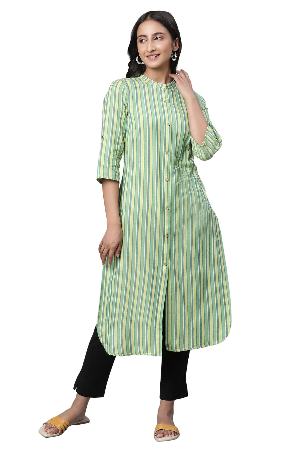 Aurelia Women Green Stripe Yarn Dyed Cotton Straight Kurta