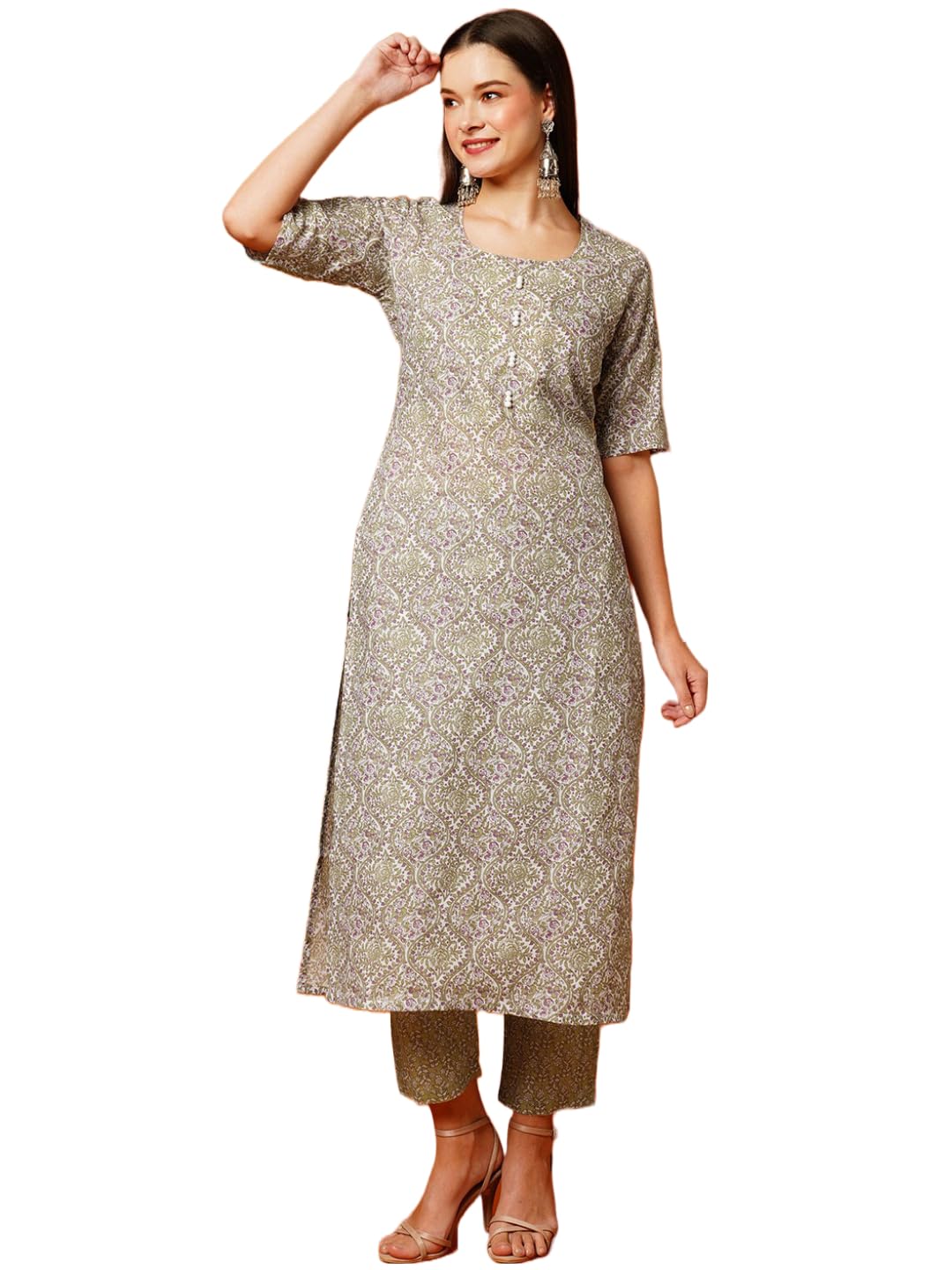 ANNI DESIGNER Womens Cotton Blend Printed Straight Kurta with Pant (BATAKLI-Pista_S_Pista_Small)
