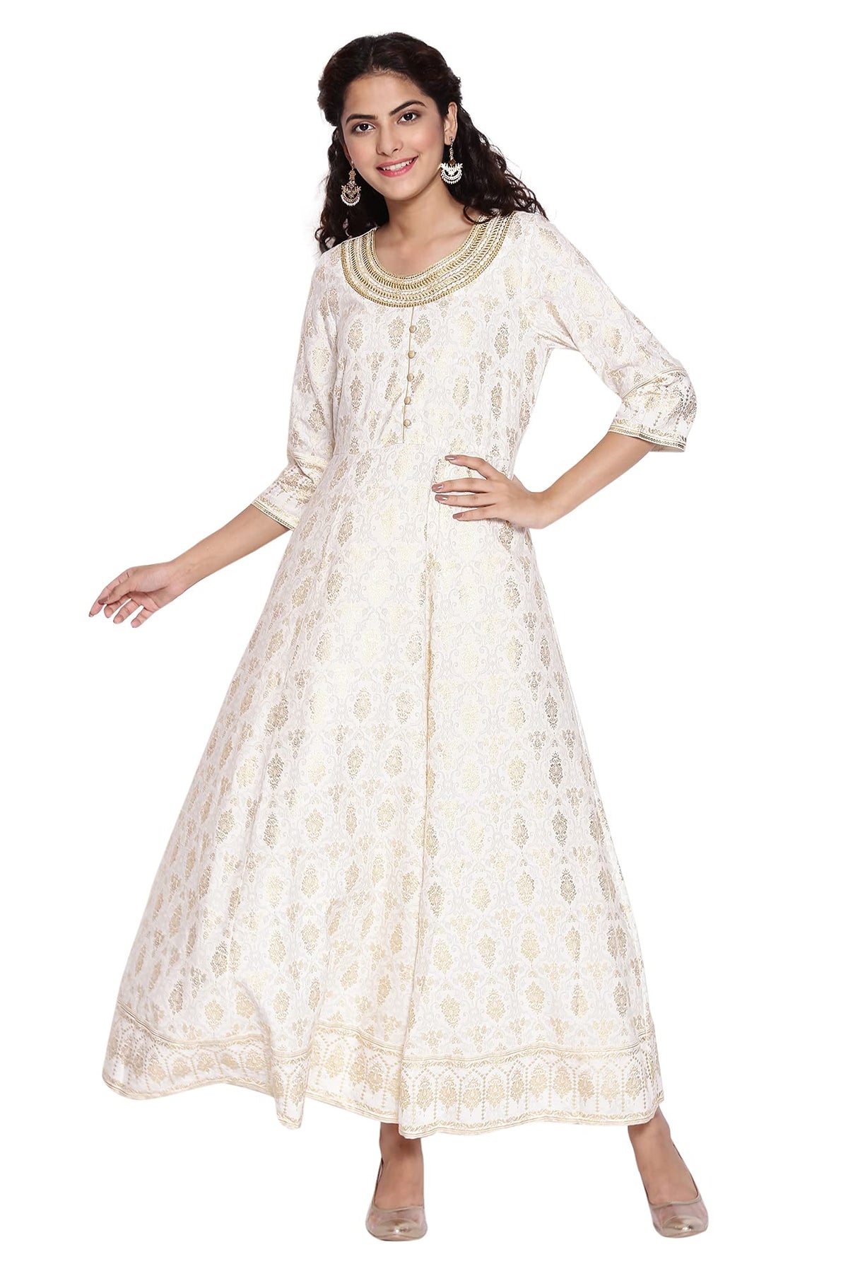 Aurelia WomenS Rayon White Foil Print Flared Dress Ankle Length (21Aua11968-502404_Stone_S)