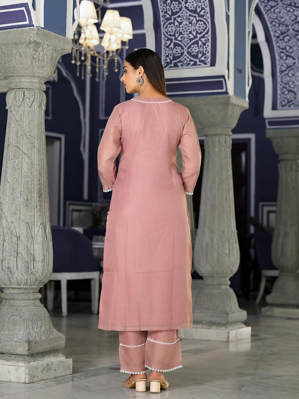 Varanga Women Mauve Kota Check Cotton Lace Kurta With Bottom And Dupatta