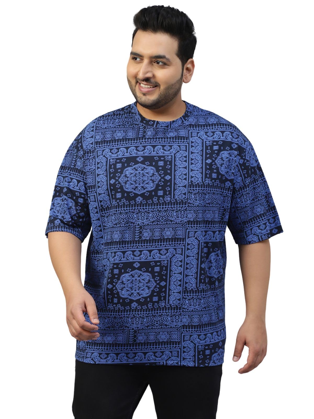 Veirdo Men's 100% Cotton Oversized Loose Baggy Fit Drop Shoulder Paisley Printed Plus Size T-Shirt Nav