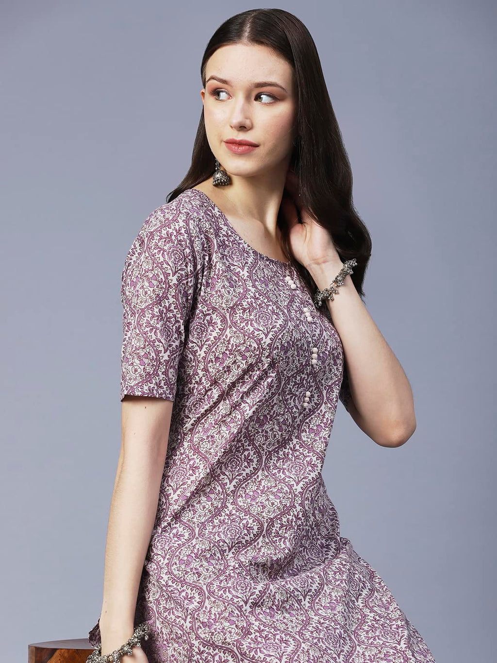 ANNI DESIGNER Womens Cotton Blend Straight Floral Printed Kurta and Pant (BATAKLI-Purple-SM_XL_ Purple_X-Large)