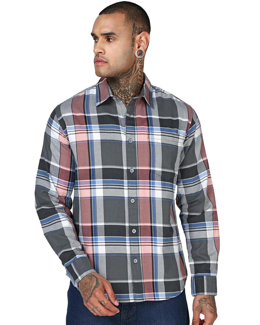 Bewakoof MenS Checked Regular Fit Full Sleeve Collar Pure Cotton Shirt_694576_Grey_S