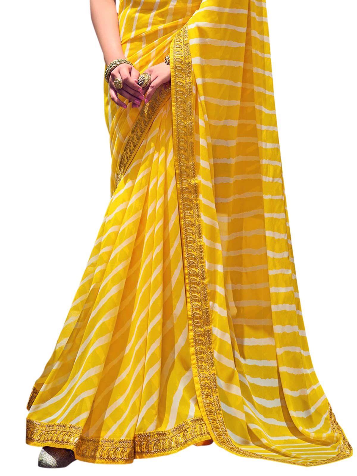 Satrani WomenS Leheriya Printed & Lace Georgette Saree With Unstitched Blouse Piece
