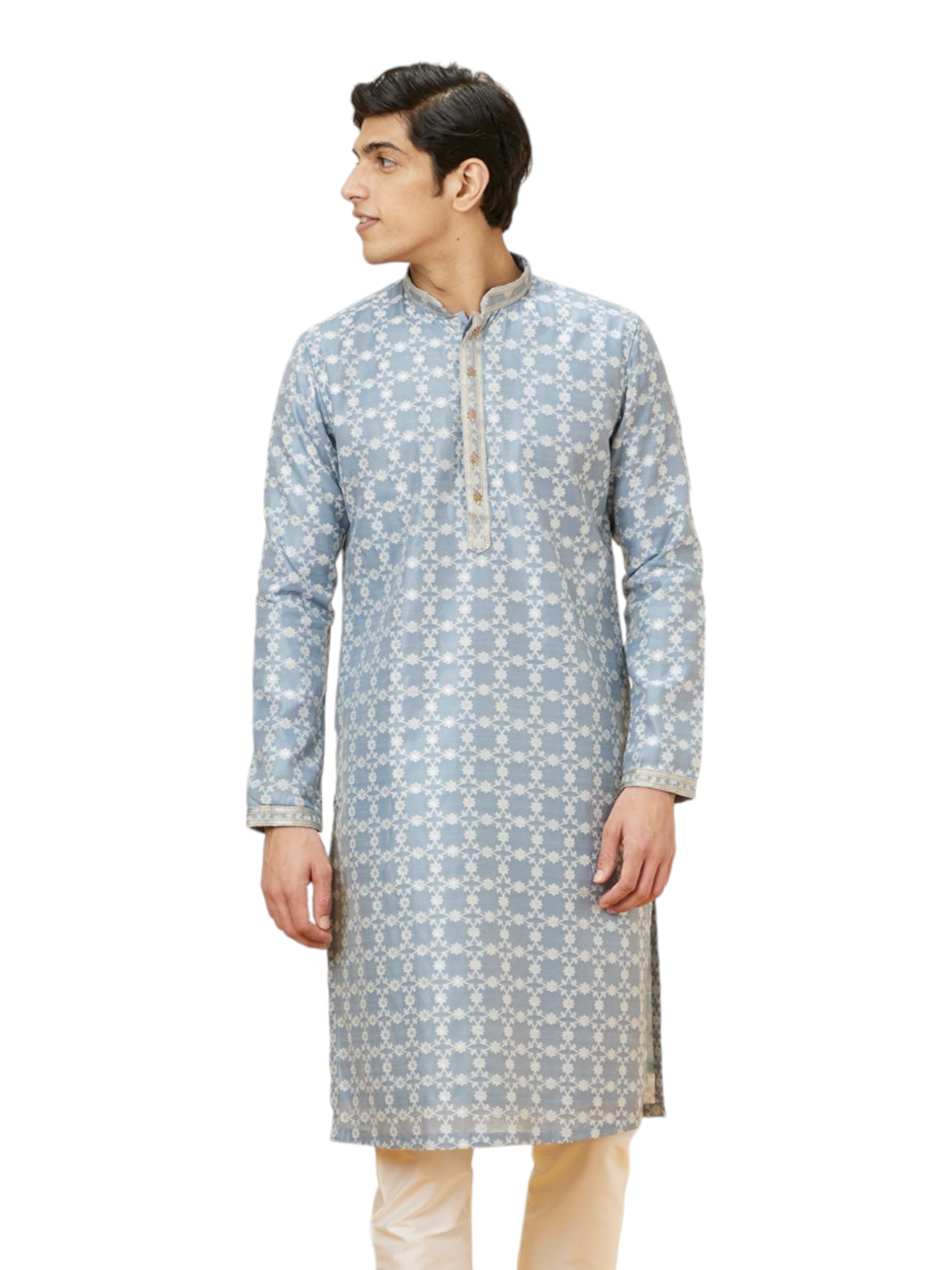 Manyavar Mens Grey Blended Cotton Jacquard Kurta Pyjama Set