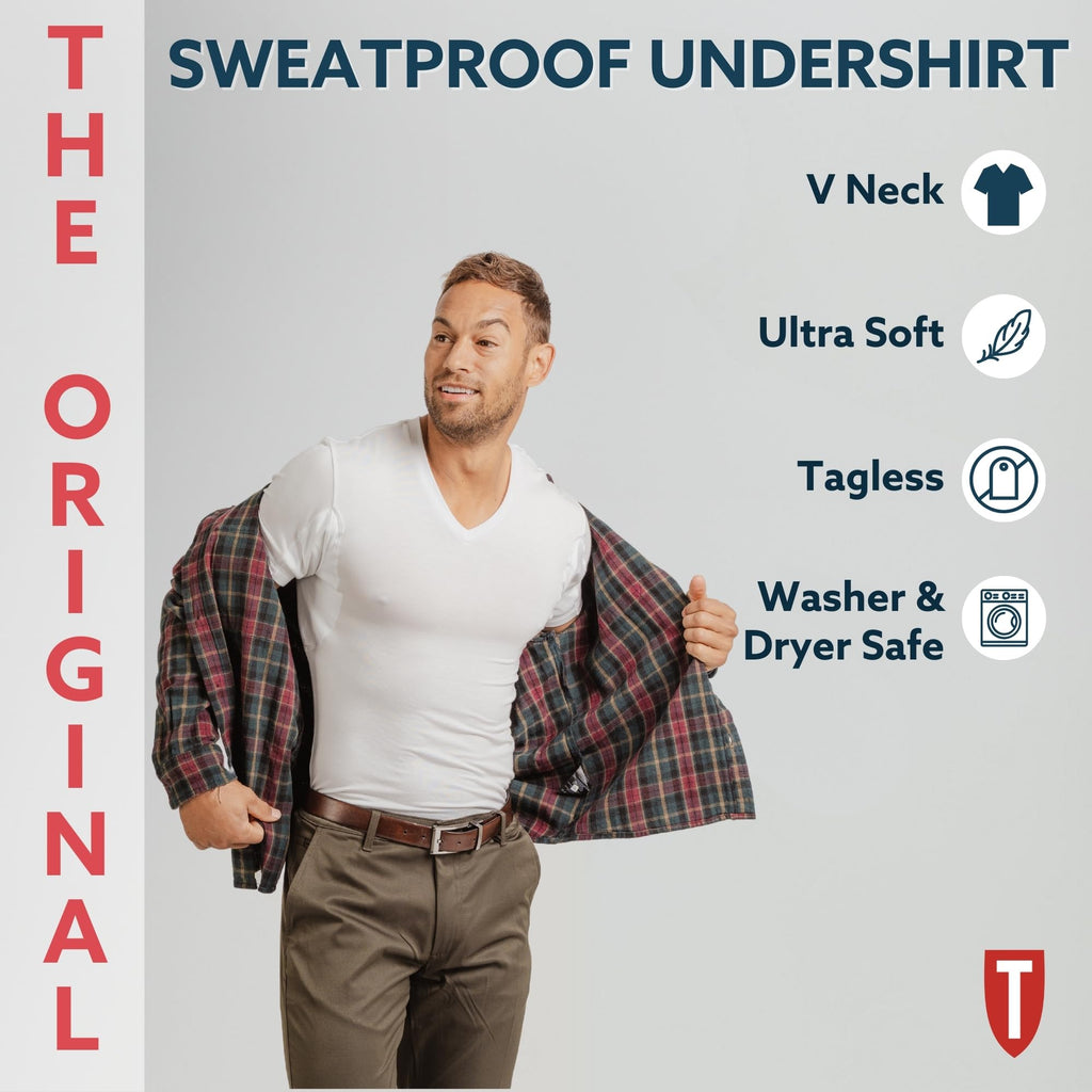 Men's Sweatproof Undershirt | V Neck T-Shirt with Underarm Sweat Pads | Slim Fit | Aluminum-Free Alternative | White | X-Large