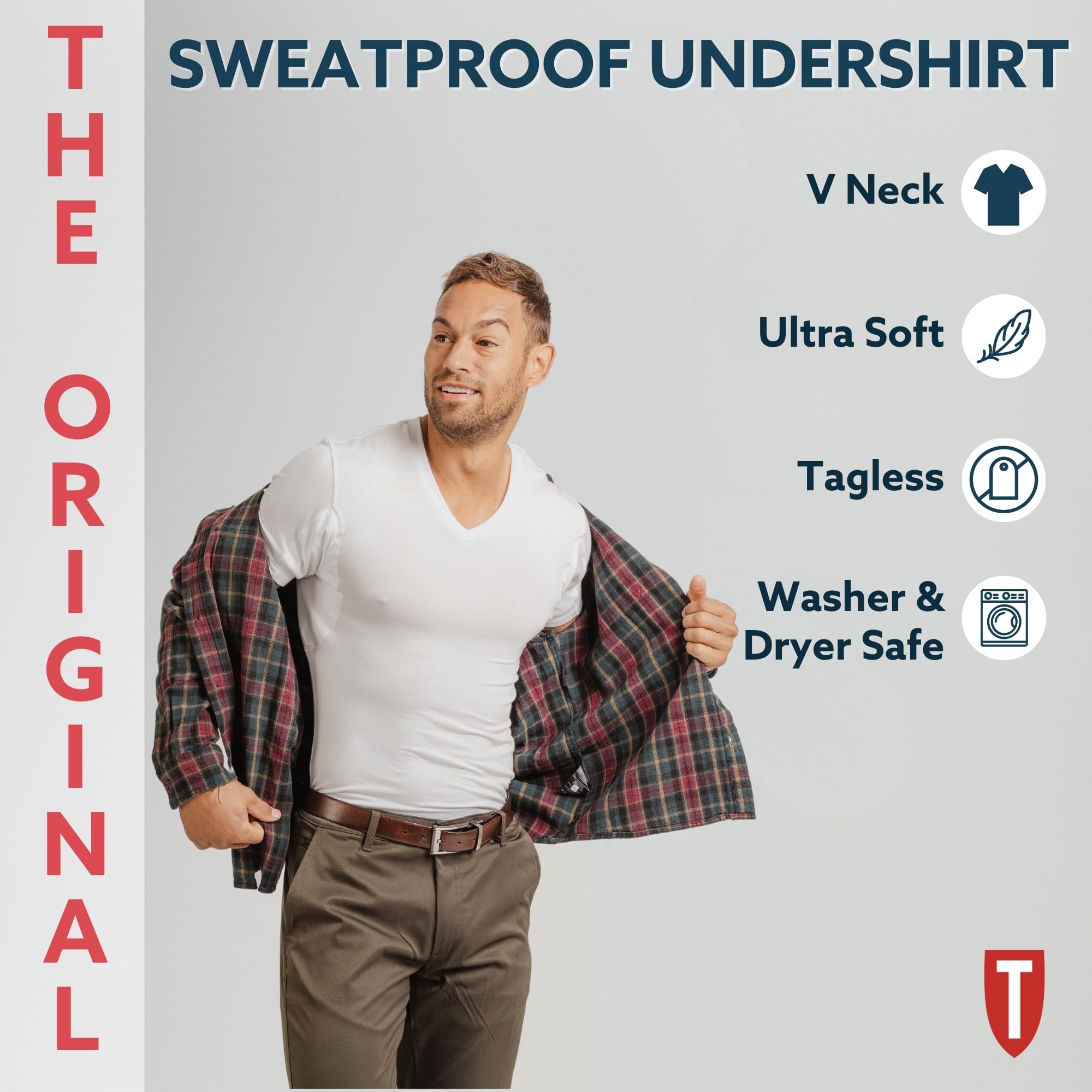 Men's Sweatproof Undershirt | V Neck T-Shirt with Underarm Sweat Pads | Slim Fit | Aluminum-Free Alternative | White | X-Large