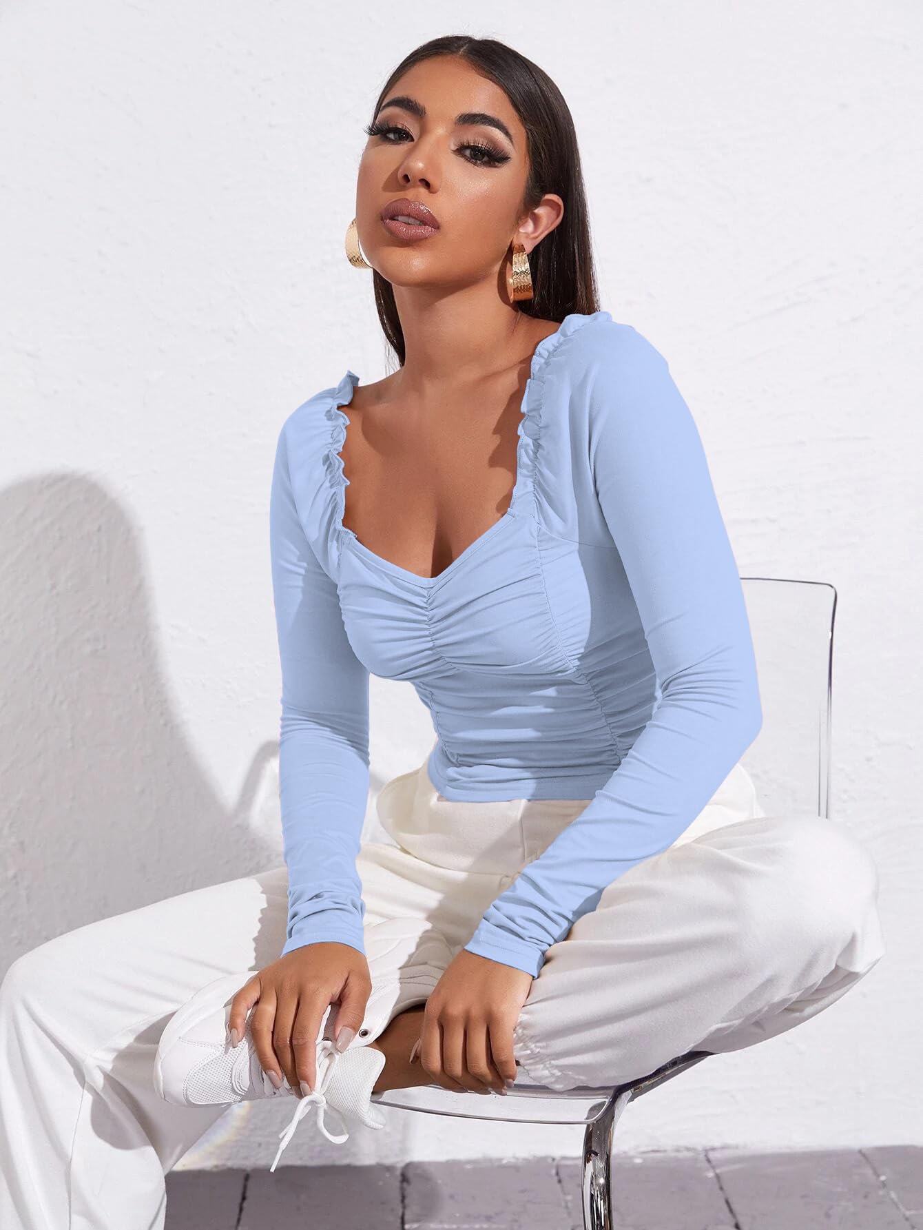 AVANOVA Womens & Girls Sky Blue Full Sleeve, Sweat Hear Neck, Frill Trim Ruched Crop Top for Women, Tops, T-Shirts for Girls (