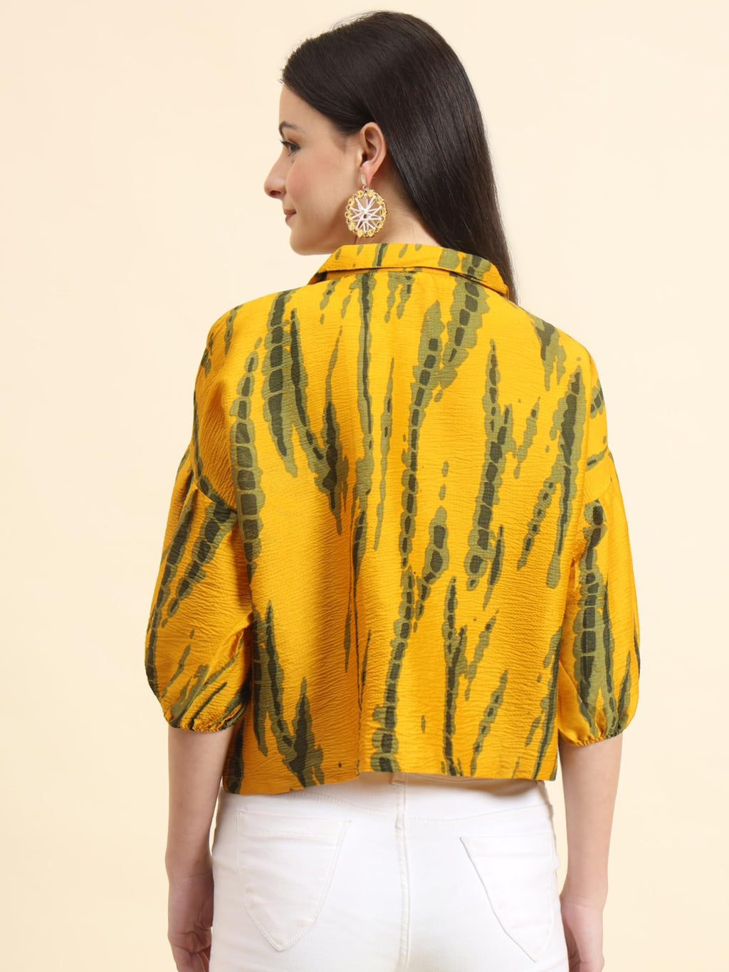 Vairagee Women Cotton Blend Mustard Striped Pattern V-Collar Three Quarter Sleeves Stylish Boxy Shirt (1730_8)