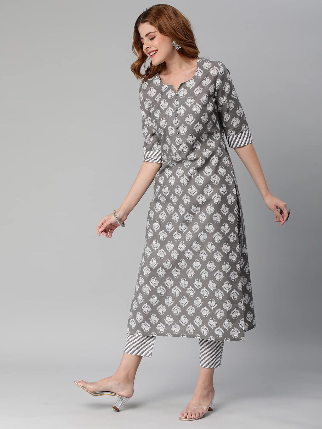 Gosriki Women'S Cotton Blend Printed Straight Kurta With Pant (Funnu Brown-Nw5-Gs)