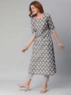 Gosriki Women'S Cotton Blend Printed Straight Kurta With Pant (Funnu Brown-Nw5-Gs)