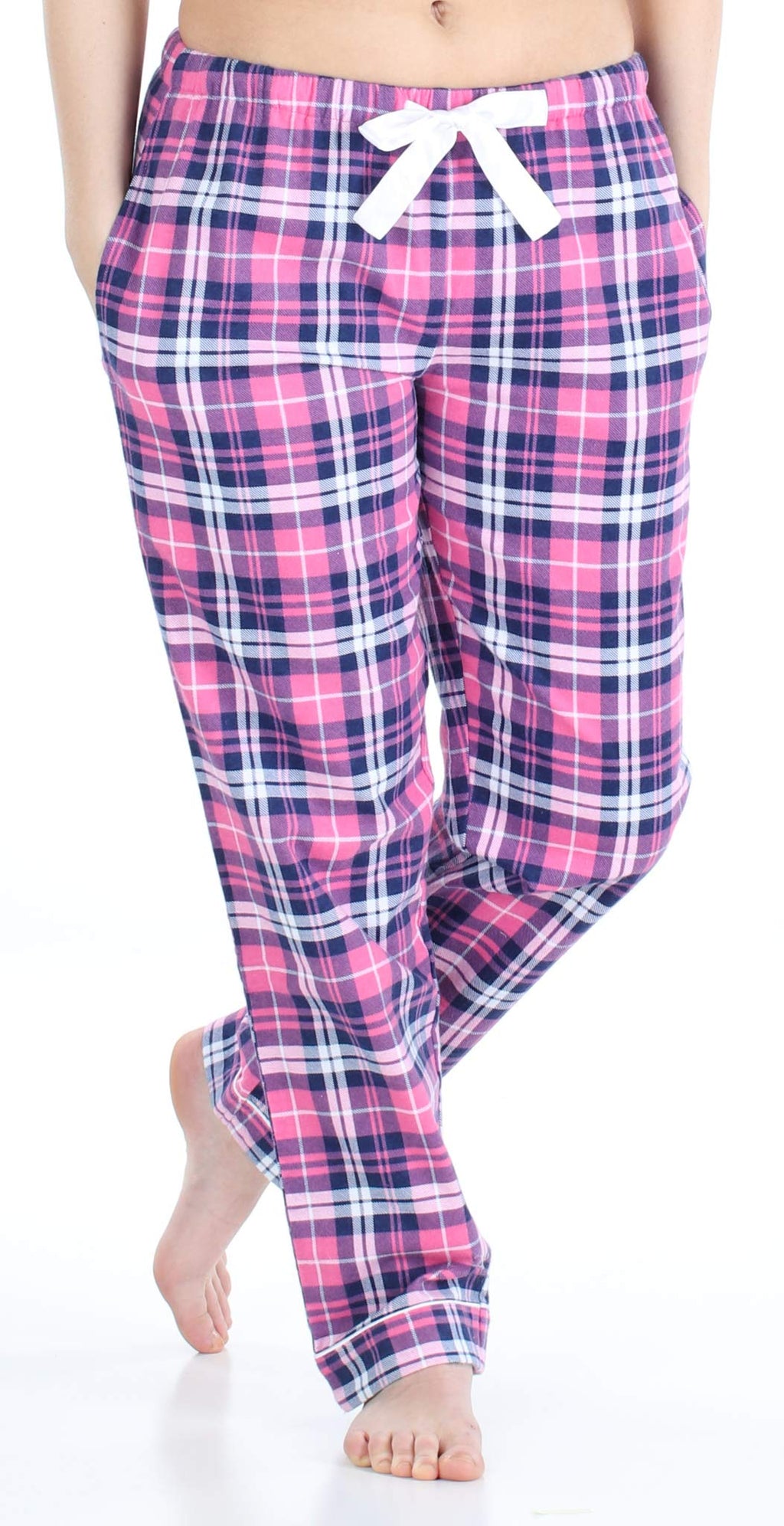 PajamaMania Women's Cotton Flannel Pajama PJ Pants with Pockets, Pink & Navy Plaid, X-Large