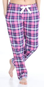 PajamaMania Women's Cotton Flannel Pajama PJ Pants with Pockets, Pink & Navy Plaid, X-Large