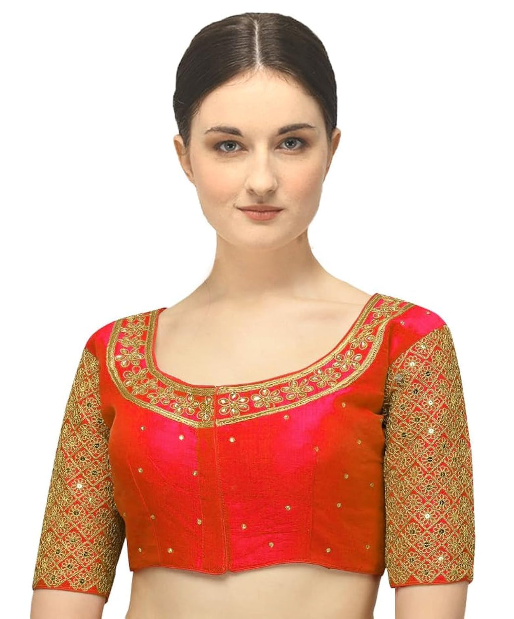 Pujia Mills Womens Embroidery Handwork Sequence Work Necklace Design Readymade Blouse (Red, 36)