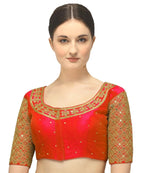 Pujia Mills Womens Embroidery Handwork Sequence Work Necklace Design Readymade Blouse (Red, 36)