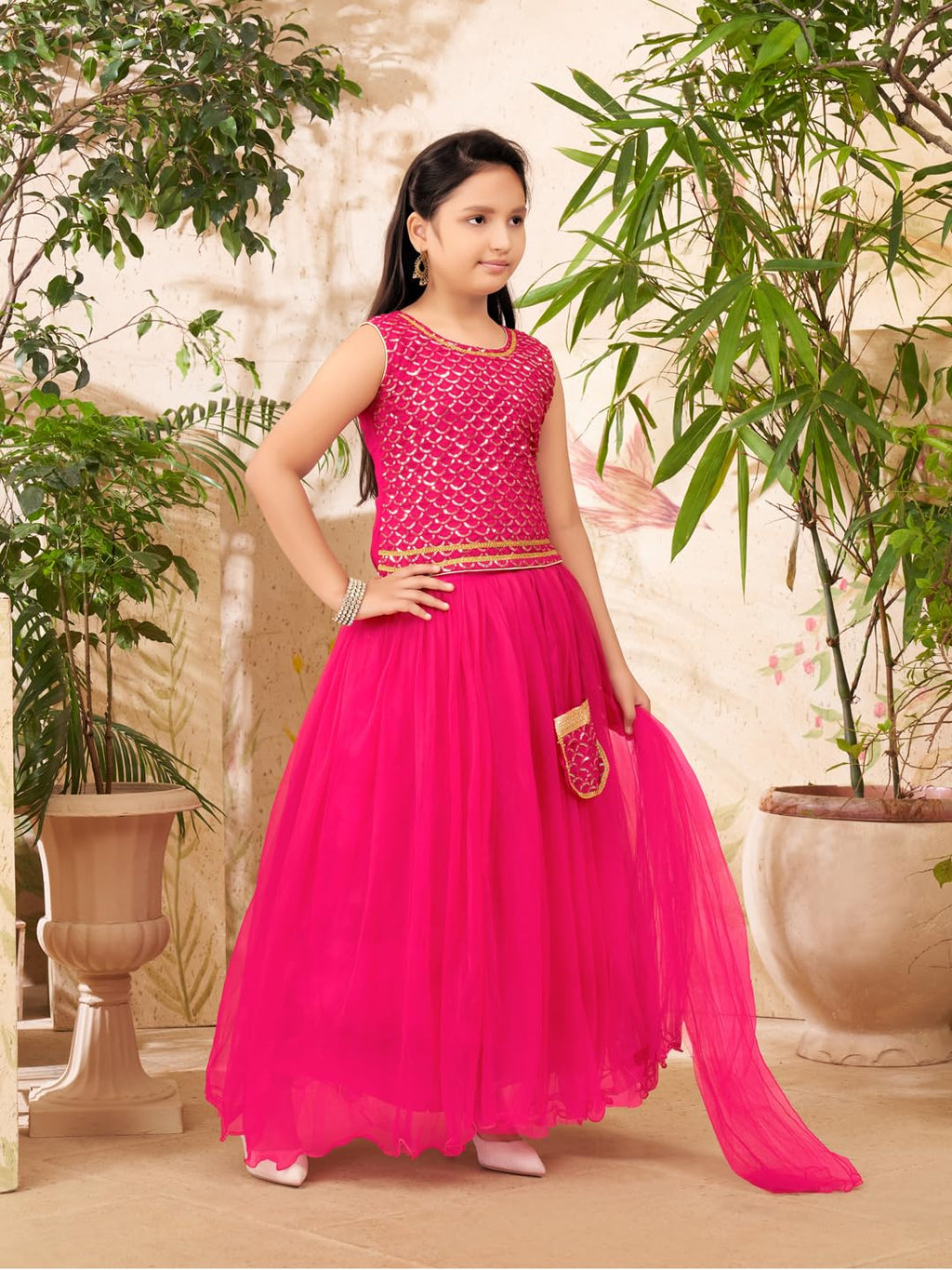 Aarika Girls Ethnic Wear Rani Colour Sequin Embroidery Georgette Lehenga Choli Set Attached Bag (4-15 Years)