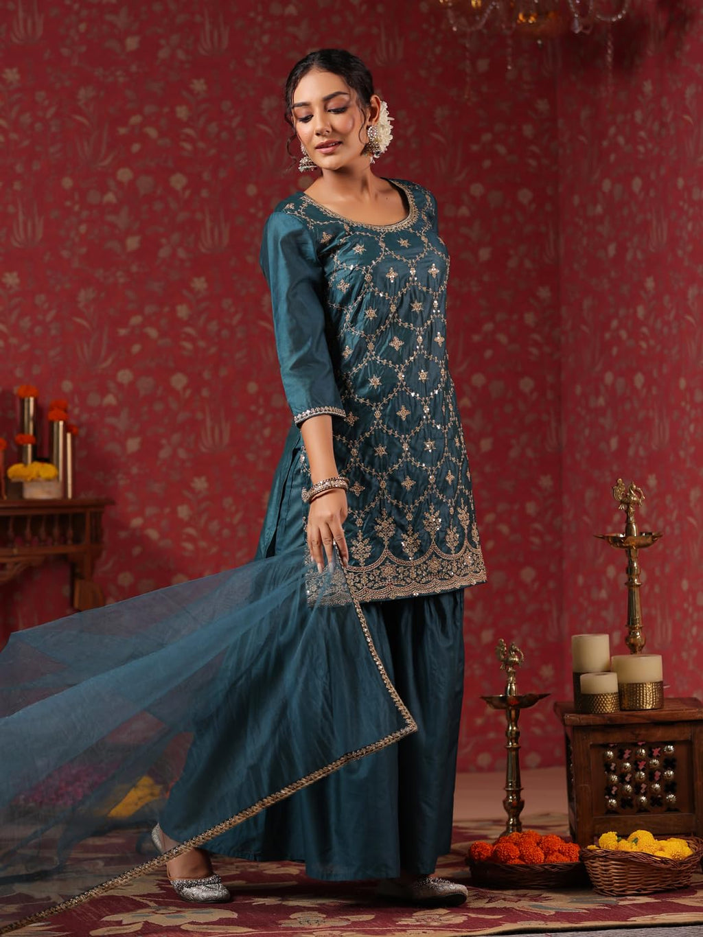Ishin WomenS Poly Silk Self Design Zari Teal Straight Kurta Suit Set With Sharara & Dupatta