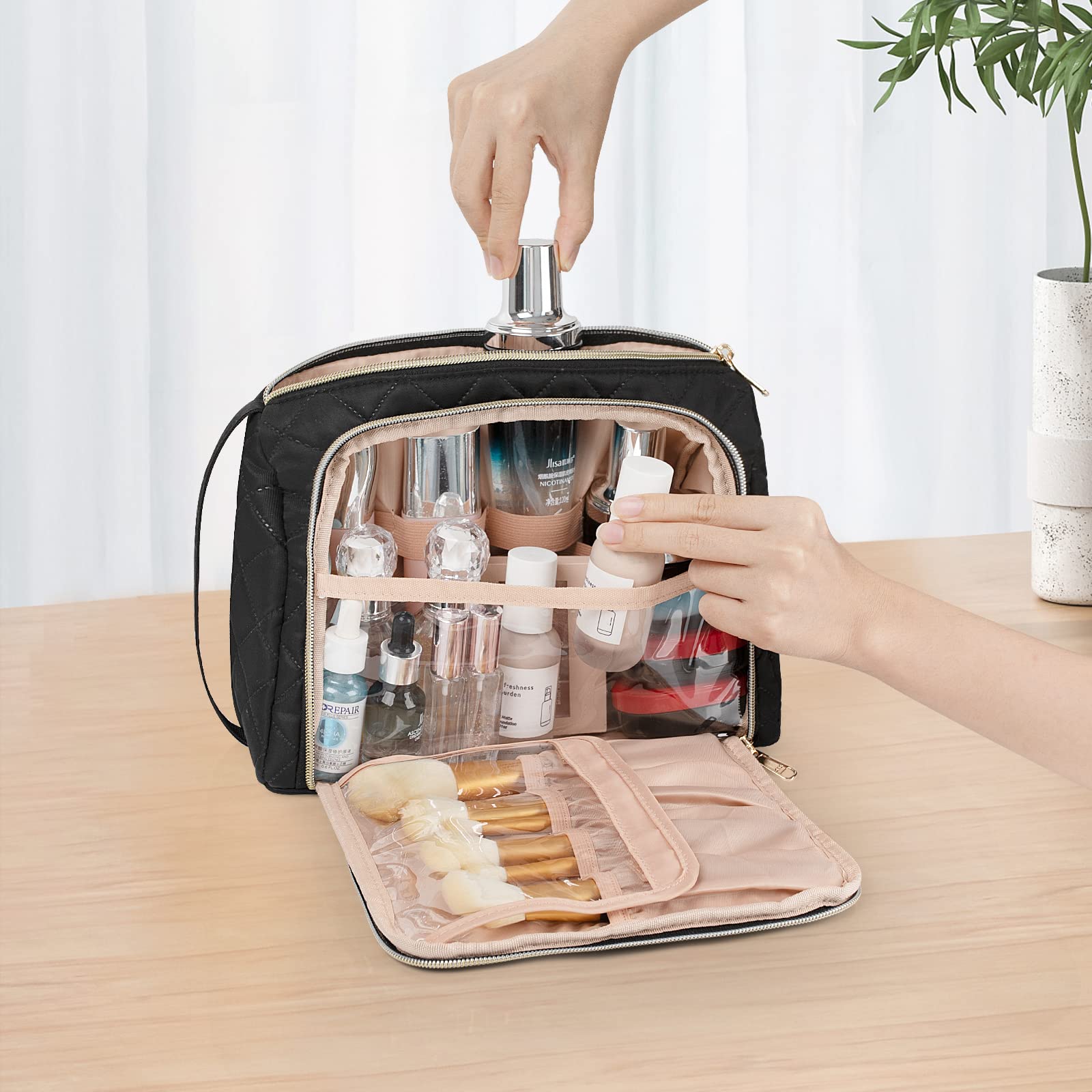 CUBETASTIC Travel Makeup Bag, Large Cosmetic Bag with Makeup Brush Comparment, Portable Make Up Organizer Zipper Pouches for Wom