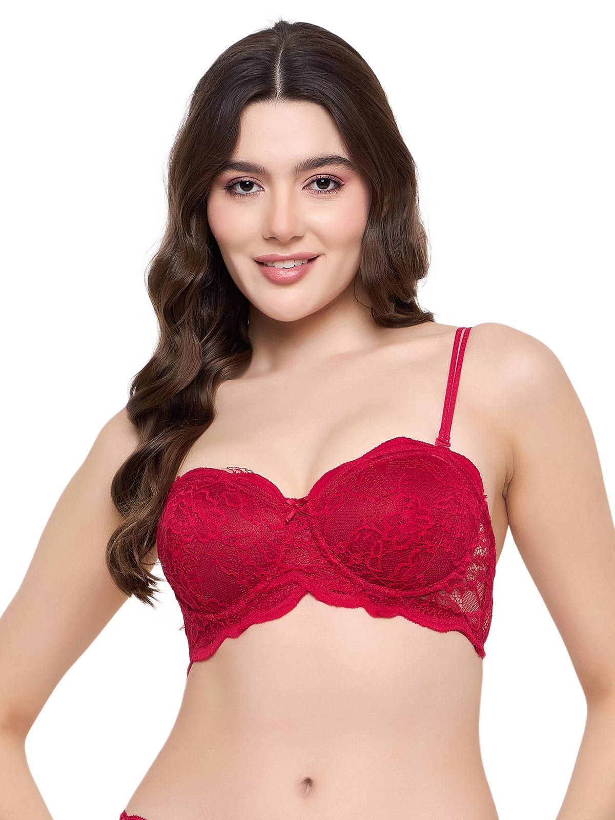 Clovia Lace Solid Padded Full Cup Underwired Balconette Bra (BR1369S04_Red_40B)