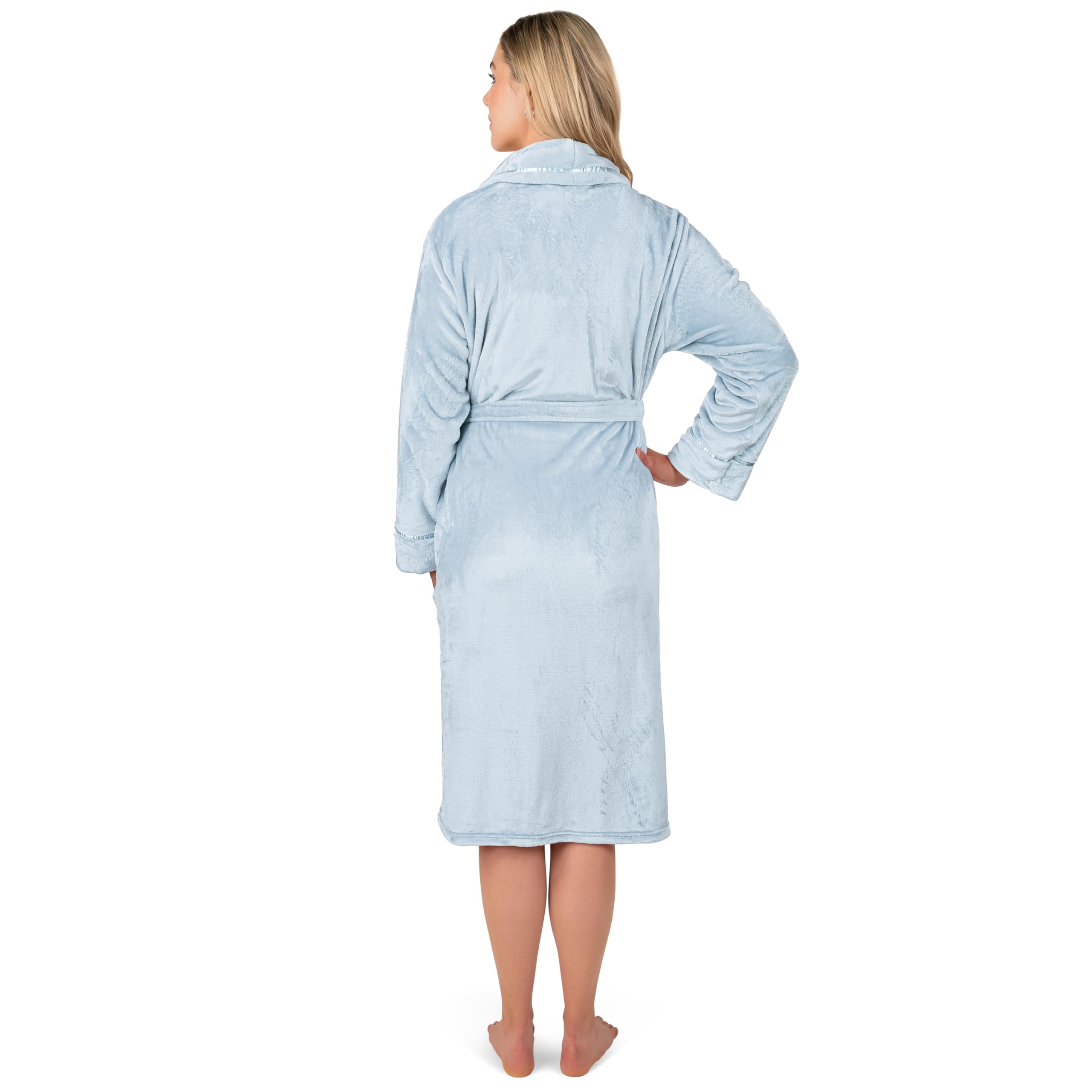 PAVILIA Plush Robe For Women | Light Blue, Fluffy Soft Bathrobe | Luxurious Fuzzy Warm Spa Robe, Cozy Fleece Long Robe | Satin T