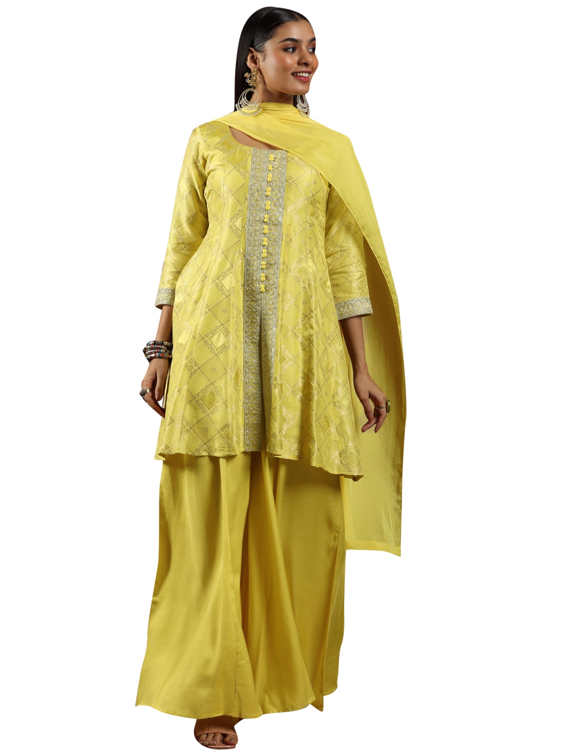 Libas Art Womens Woven Design Silk Blend A-Line Kurta With Palazzos and Dupatta