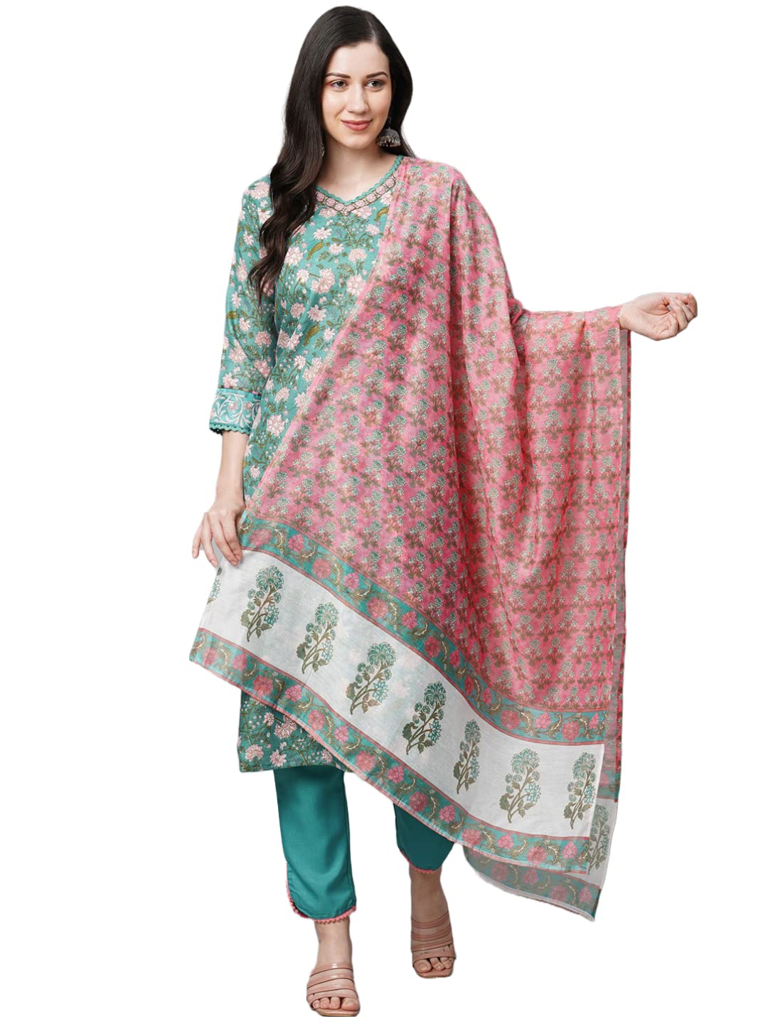 Gosriki Women'S Cotton Blend Straight Printed Kurta With Pant & Dupatta (Kido-See-Green_M-Gs_Green_Medium)